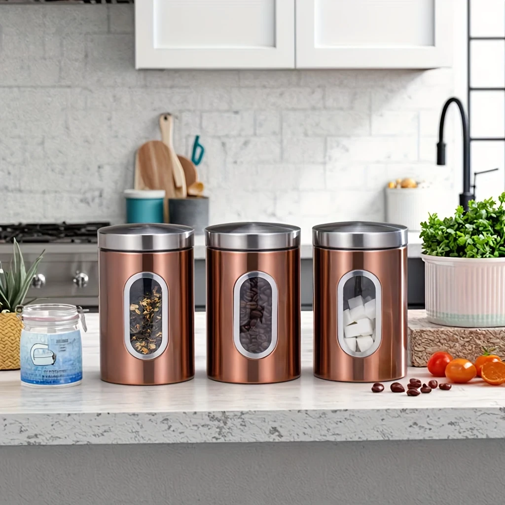 Set of Three Clear Copper Stainless Steel Airtight Containers with Visible Capacity Windows The Perfect Storage Solution for Your Kitchen