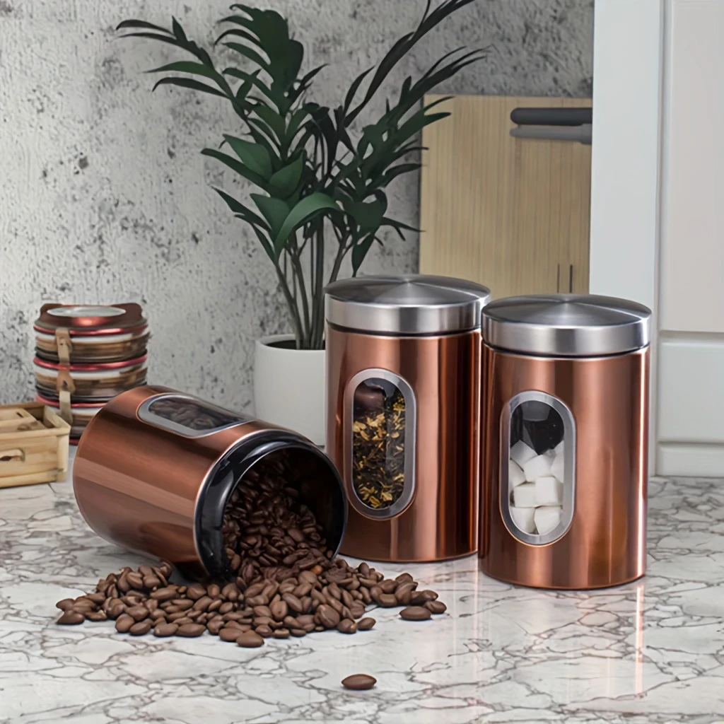 Set of Three Clear Copper Stainless Steel Airtight Containers with Visible Capacity Windows The Perfect Storage Solution for Your Kitchen