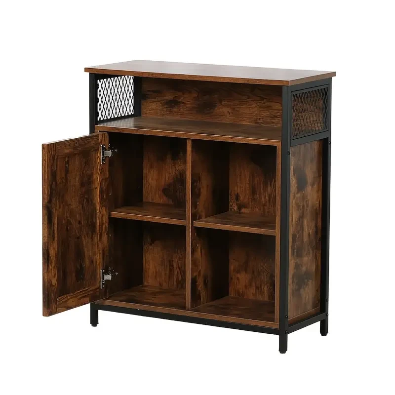 Industrial Sideboard Buffet Cabinet with Open Compartment and 5 Shelves Rustic Brown Finish with Stable Metal Frame, Half-Door Design, Perfect for Living Room and Home Storage
