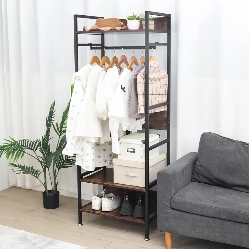 Heavy Duty Industrial Entryway Clothes Rail with Storage Shelves  Free Standing Garment Shelf Organizer for Bedroom, Cloakroom, and Entryway