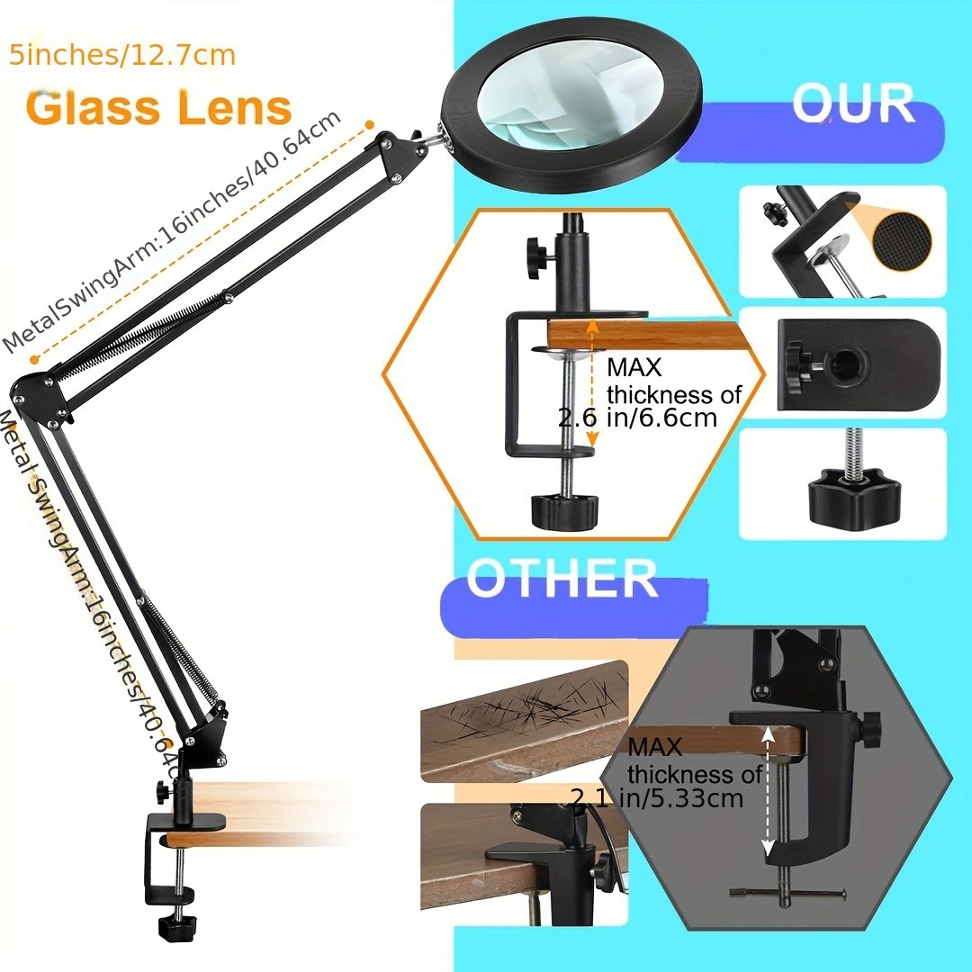 Versatile Large 10X Magnifying Glass With Light, 5-Inch Real Glass Stand Lighted Magnifier, 3 Color Modes Stepless Dimmable LED Magnifying Desk Lamp With Clamp, Hands-Free For Close Work Crafts Hobby