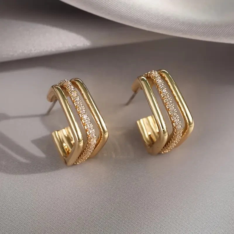 Luxurious Womens Golden Geometric Hoop Earrings with Sparkling Rhinestones Vintage Bohemian Style, Stainless Steel Posts, Perfect Gift for Special Occasions, Novelty Earrings