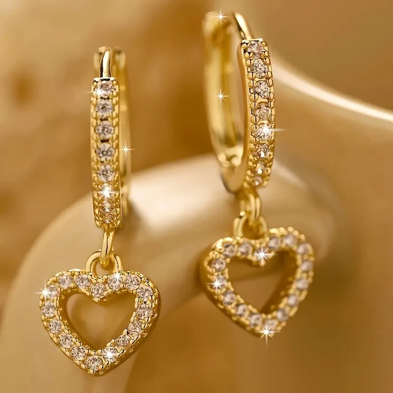 18K Golden Plated Copper Hoop Earrings with Heart Drop Pendant Synthetic 3A Zirconia, Simple Sexy Style, Ideal for Daily Wear & Gift-Giving
