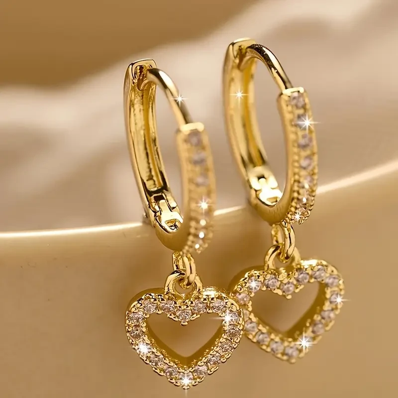 18K Golden Plated Copper Hoop Earrings with Heart Drop Pendant Synthetic 3A Zirconia, Simple Sexy Style, Ideal for Daily Wear & Gift-Giving