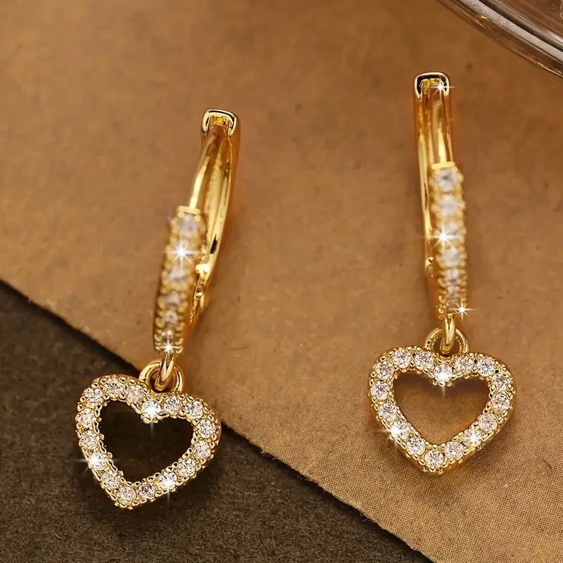 18K Golden Plated Copper Hoop Earrings with Heart Drop Pendant Synthetic 3A Zirconia, Simple Sexy Style, Ideal for Daily Wear & Gift-Giving