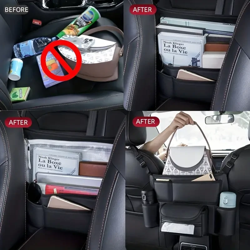 Faux Leather Car Seat Organizer - Multi-Functional Storage Bag with Handbag Holder & Pet Barrier