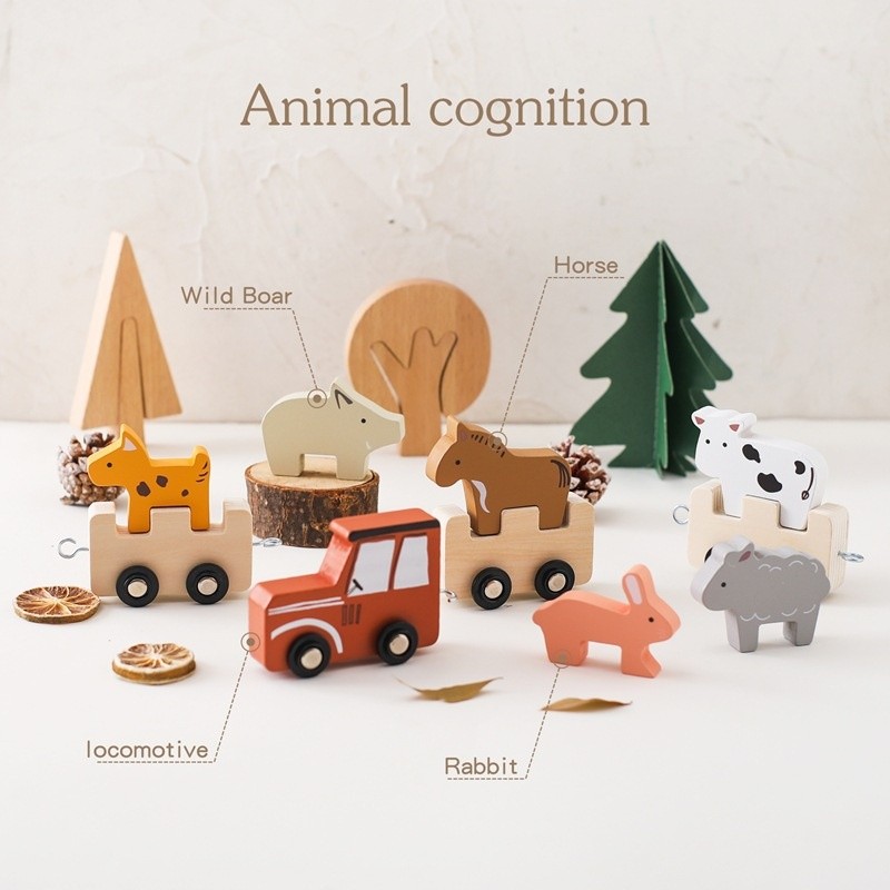 Children's Wooden Farm Animal Train Baby Enlightenment Stacking Cognitive Toys Educational Toys Birthday Train
