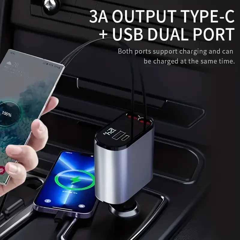 Type-C 4-in-1 Mobile Phone Car Charger - Dual USB PD Fast Charging Adapter with Voltage Display