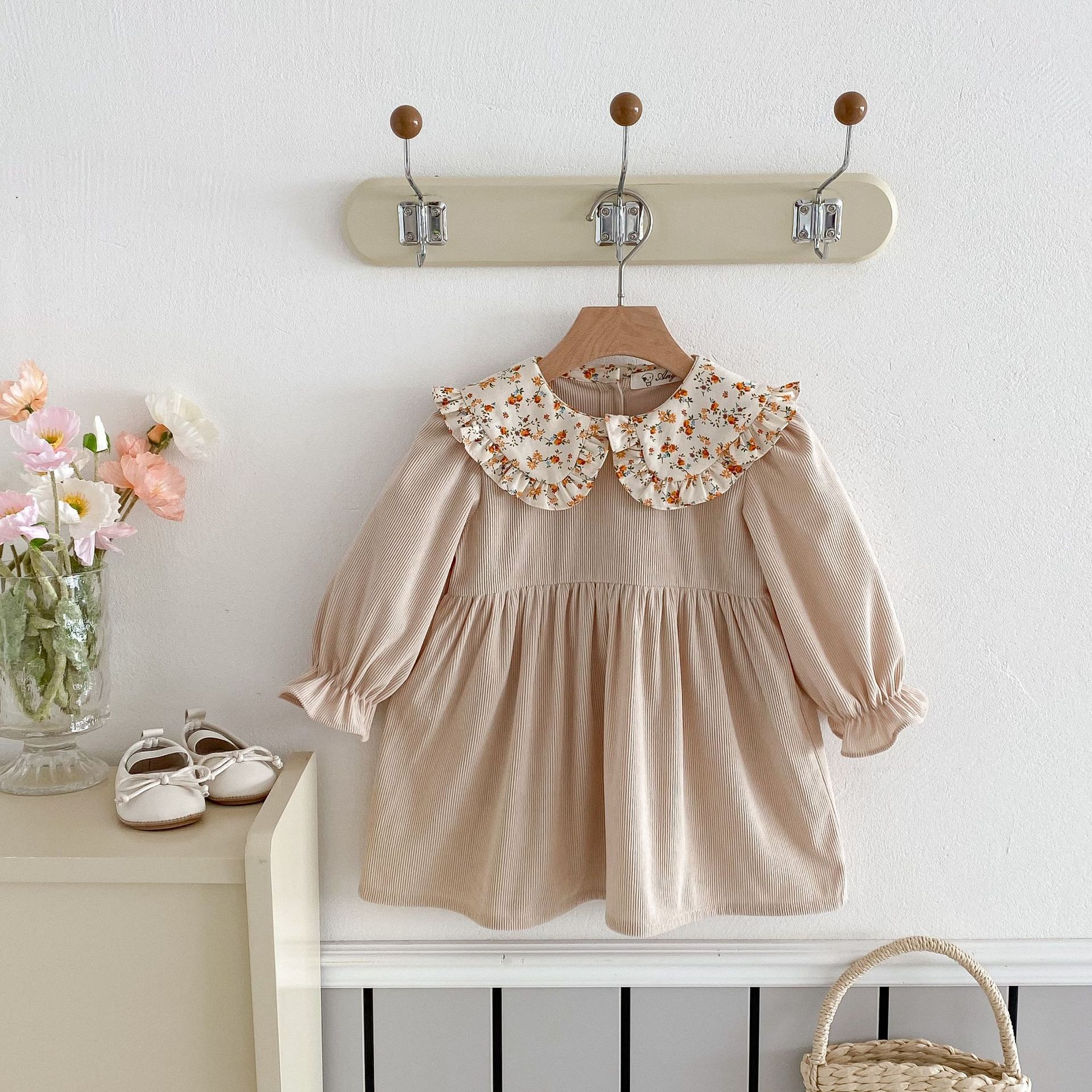 Girl's Doll Collar Flower Print Princess Dress