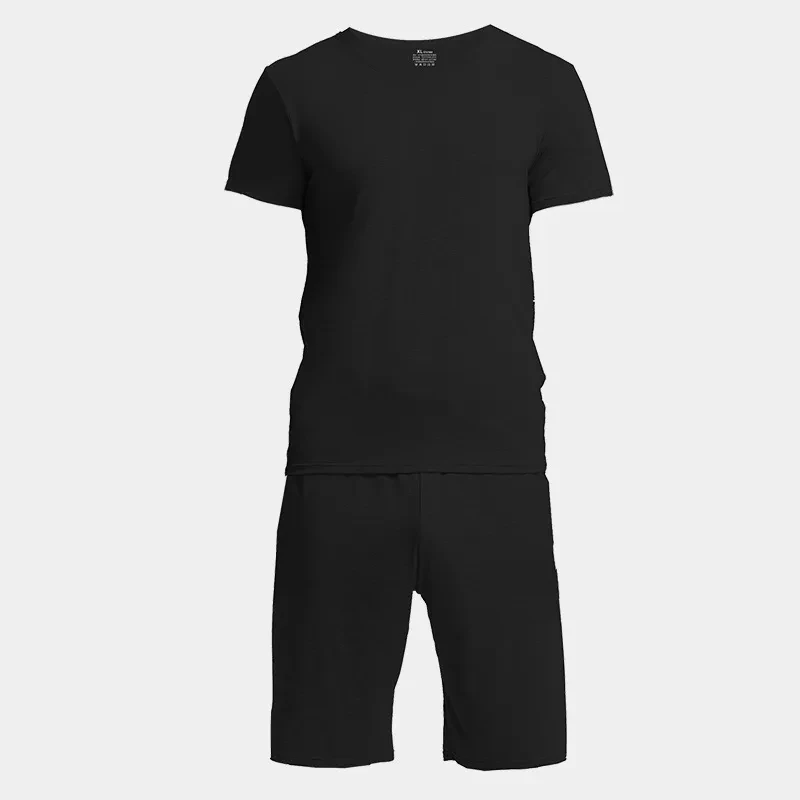 Home Wear Suit Men's Casual Round Neck Short Sleeves Shorts Solid Color Pajamas Black