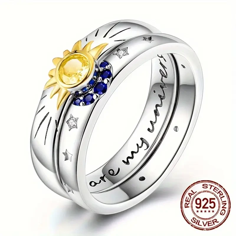 Double Ring Sterling Silver 925 Sun Moon Star Combination Ring Set: A Stunning Jewelry Set for Every Occasion