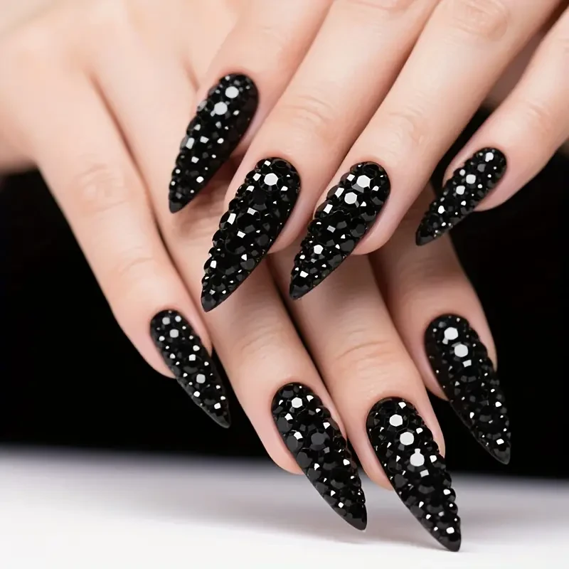 Black Stiletto Nails with Diamonds