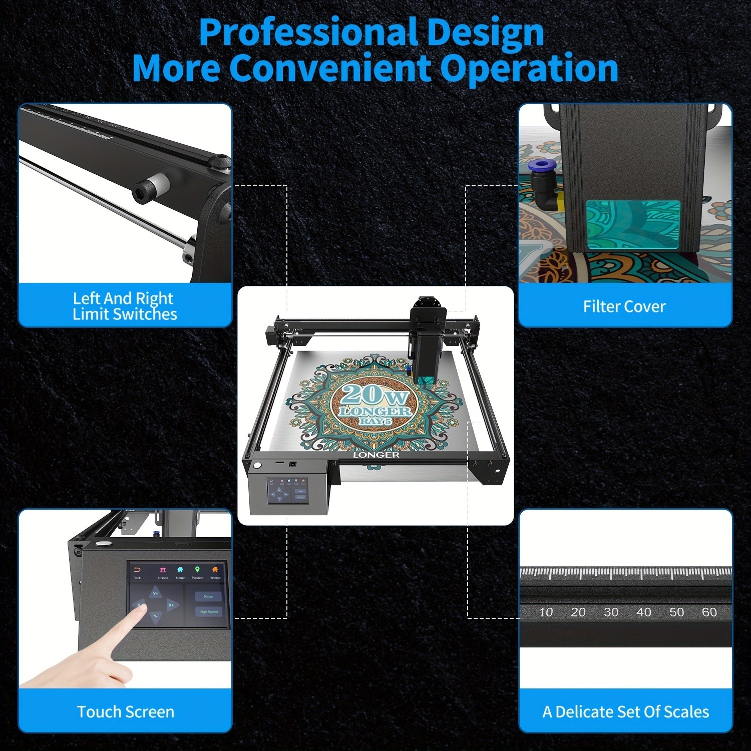 Longer RAY5 Laser Engraver  20000mW Output Power, 3.5" Touch Screen, APP Offline Control, DIY Engraver Tool for Metal, Glass, Wood, Engraving Area 15.75"x14.37"
