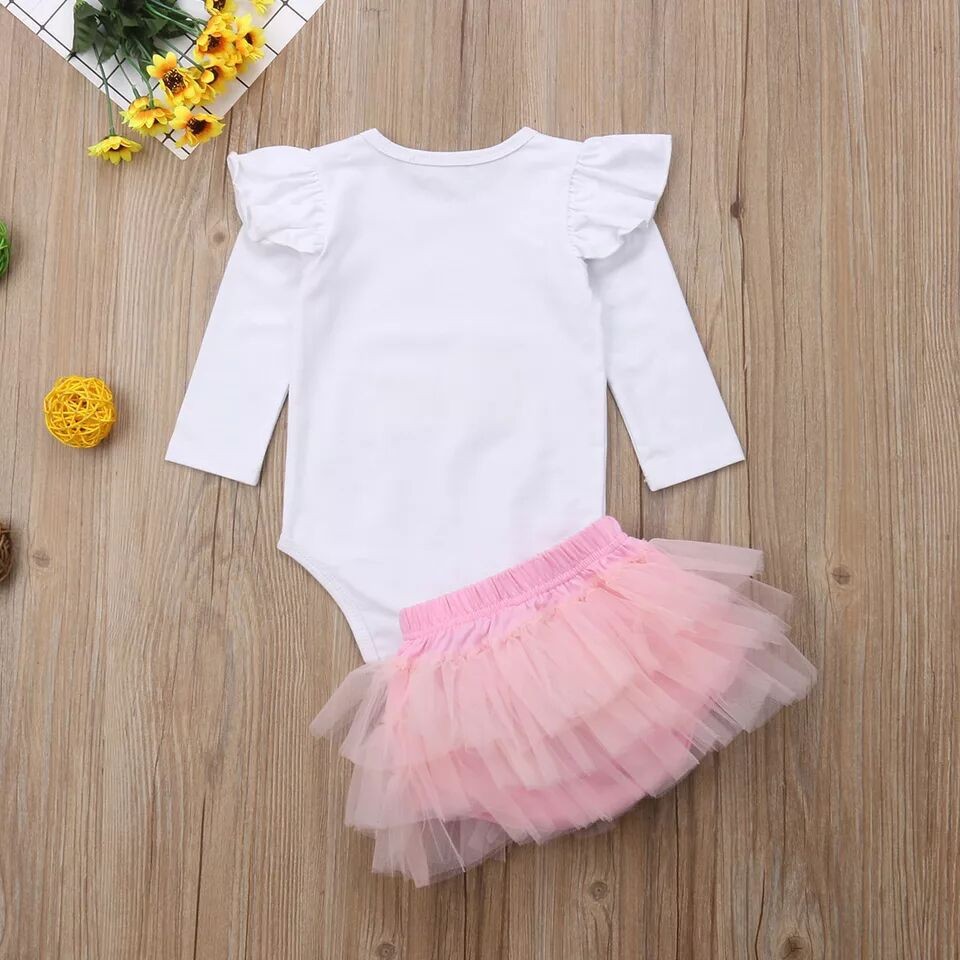Girls' Letter Long Sleeve Flounced Sleeve Romper Mesh Skirt Outfit