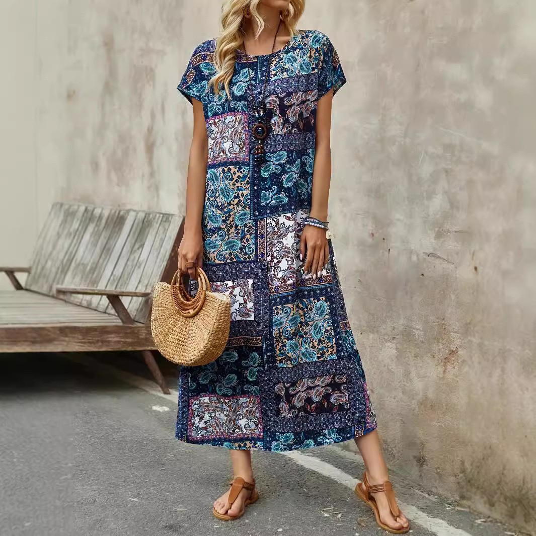 Long Printed Short Sleeve Round Neck Dress