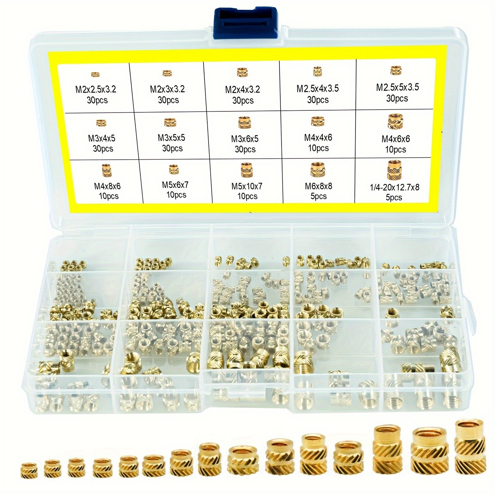 300pcs Brass Threaded Inserts for 3D Printer Parts Heat Set Screw Inserts, Knurled Thread Embedment Nuts, Multisize Assortment Kit for Plastic Cylinder Shapes, Uncharged - Without Battery