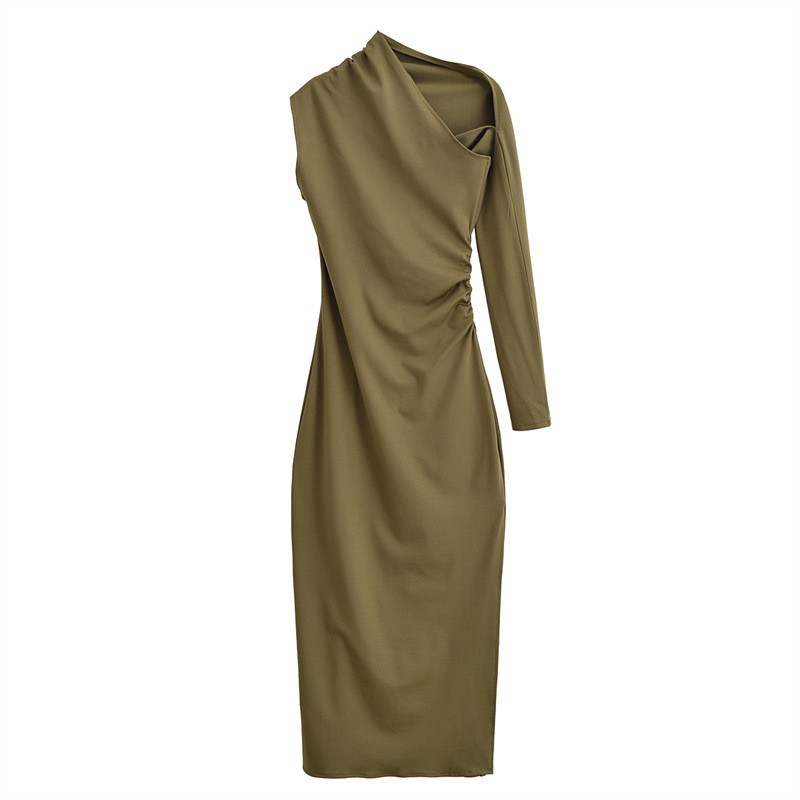 European And American Style Fashionable Asymmetric Pleated Decoration Length Dress