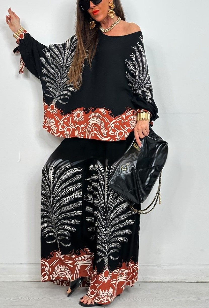 Vintage Floral Print Long Sleeves Top Wide Leg Pants Suit