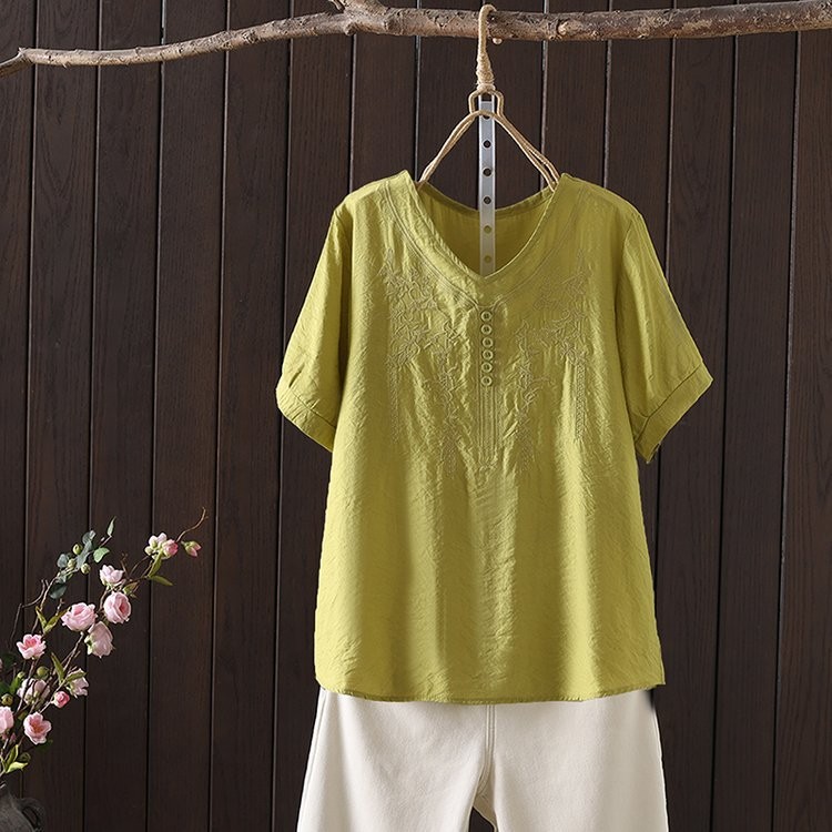 Women's T-shirt Cotton And Linen Embroidery Loose Fashion