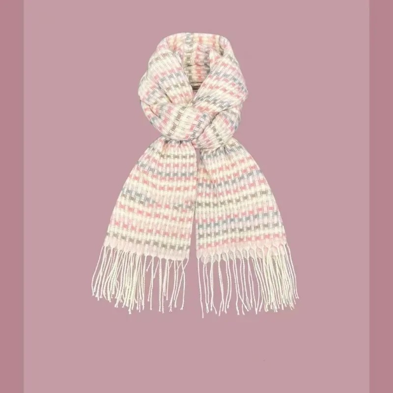 Fresh Light Pink Small Grid Imitation Cashmere Tassel Scarf