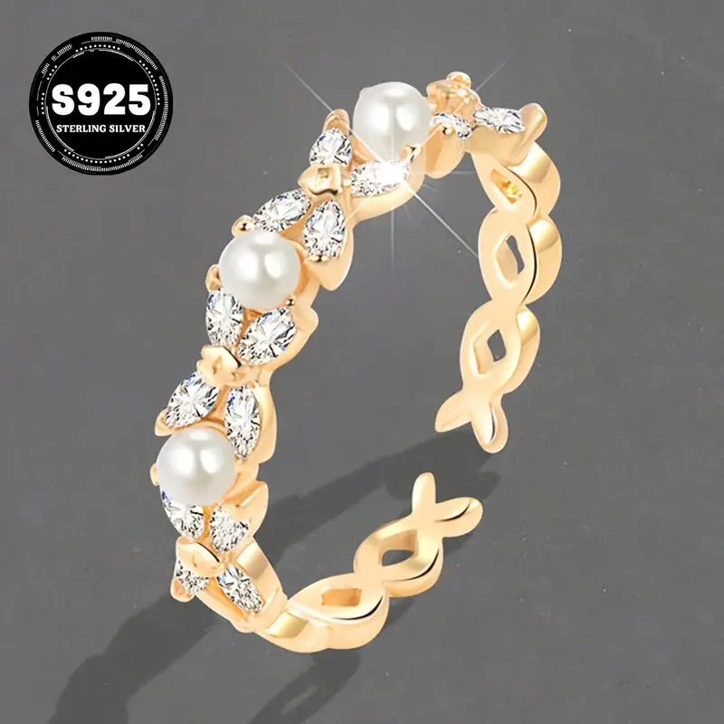 Elegant 925 Sterling Silver Open Ring with Cubic Zirconia and Imitation Pearl Grace in Every Gesture