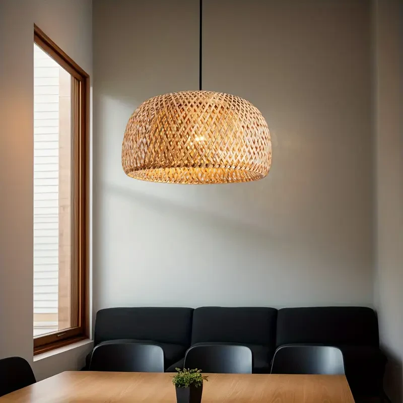 Boho Chic Handwoven Rattan Ceiling Light with Fabric Drum Shade