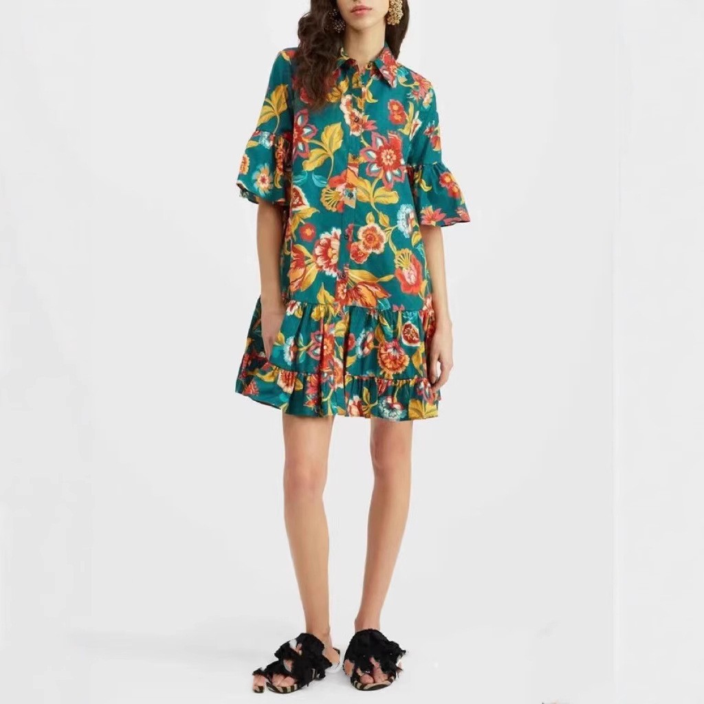 Women's Wear Bell Sleeve Printed Loose Casual Dress