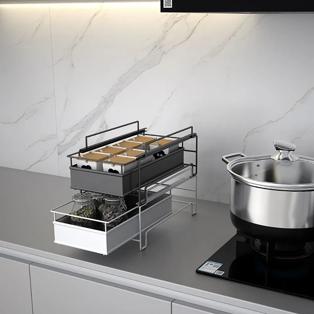 Kitchen Shelf Under Sink Drawer Type Sliding Spice Rack Multi-Layer Countertop Storage Rack Spice Bottle Storage Rack