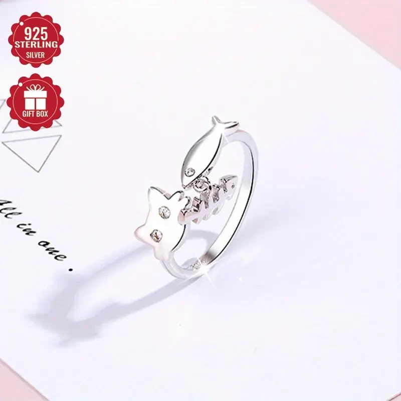 925 Sterling Silver Cute Cat Open Adjustable Ring  Light Luxury for Daily and Party Wear