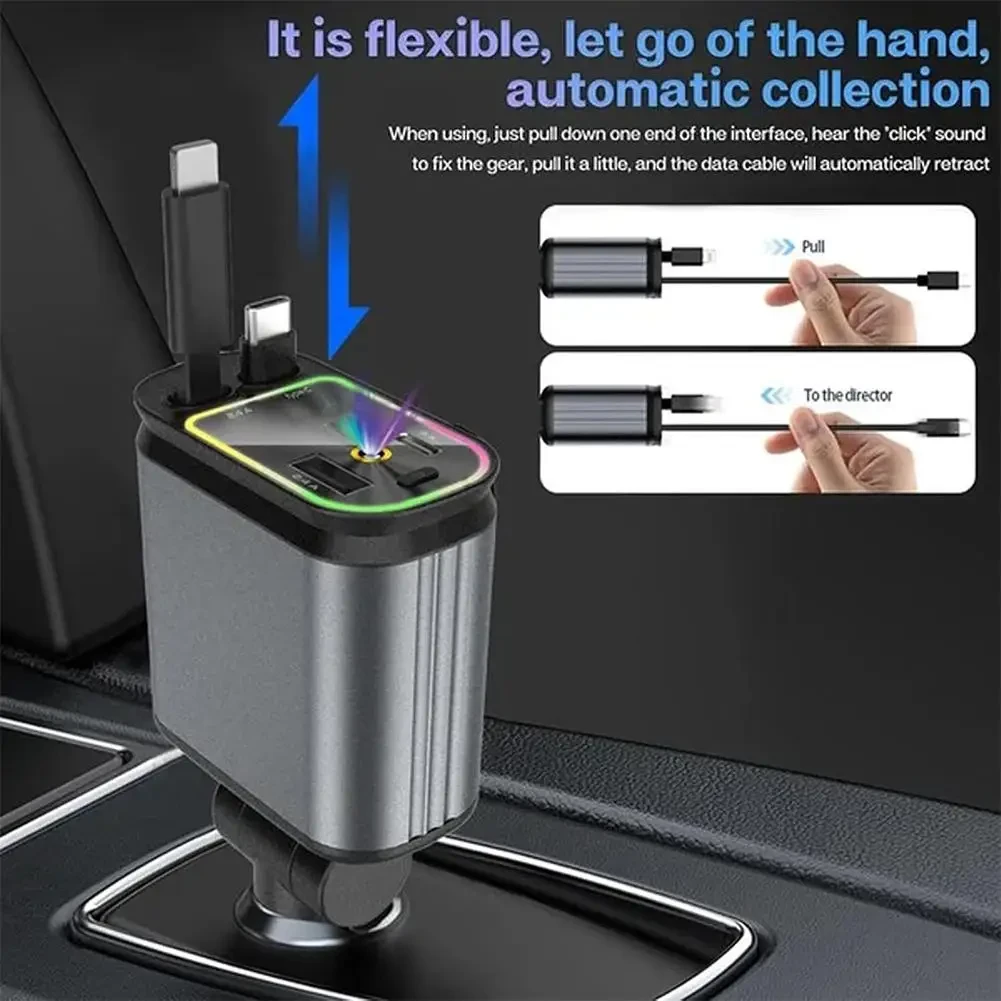4 In 1 Retractable Car Charger Starlight In Car Roof 100w USB Type C