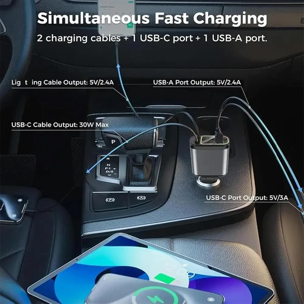 4 In 1 Retractable Car Charger Starlight In Car Roof 100w USB Type C