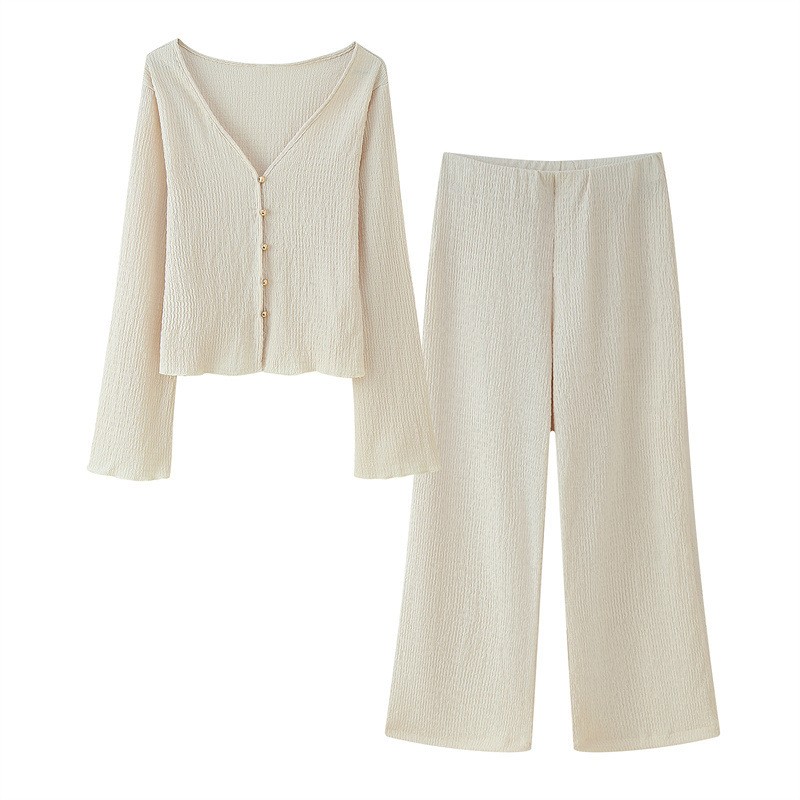 Texture Sense V-neck Long Sleeve Top Baggy Straight Trousers Suit