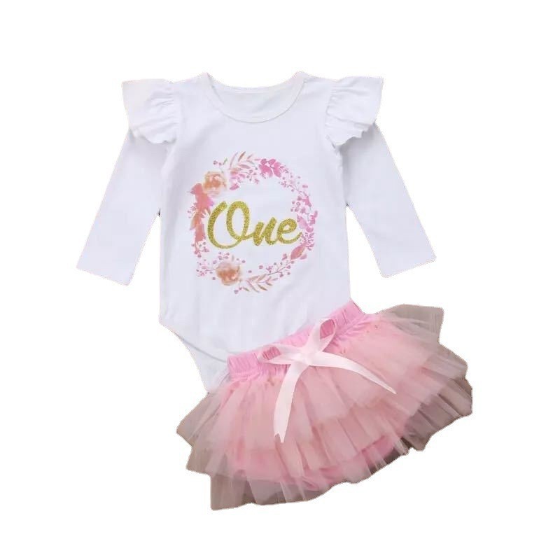 Girls' Letter Long Sleeve Flounced Sleeve Romper Mesh Skirt Outfit