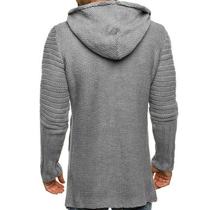 Men's hooded long sleeve mid length knit cardigan