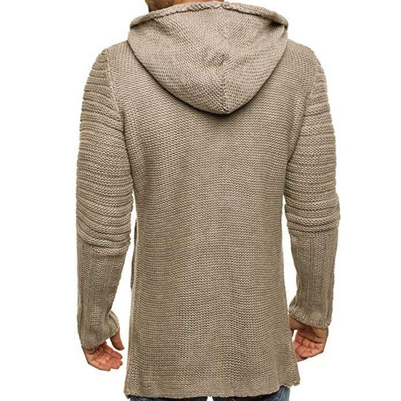 Men's hooded long sleeve mid length knit cardigan