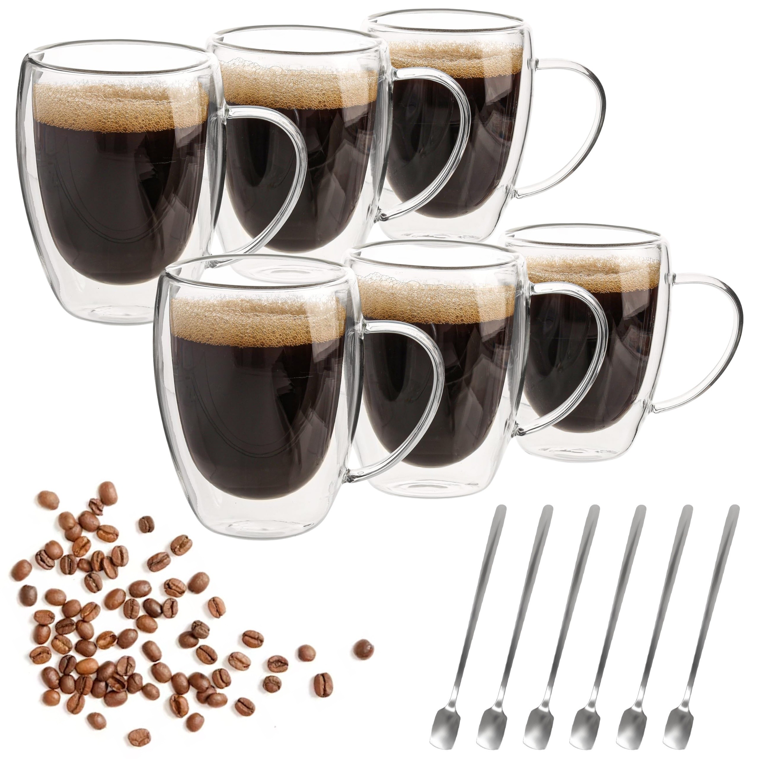 6pcs Double Walled Glass Cups with Spoons Clear Espresso Coffee Tea Mugs, Insulated Heat-Resistant Beverage Cups, 350ml/12oz, Perfect for Coffee, Tea, Cappuccino & Lattes, Drinkware for Restaurants and Cafes