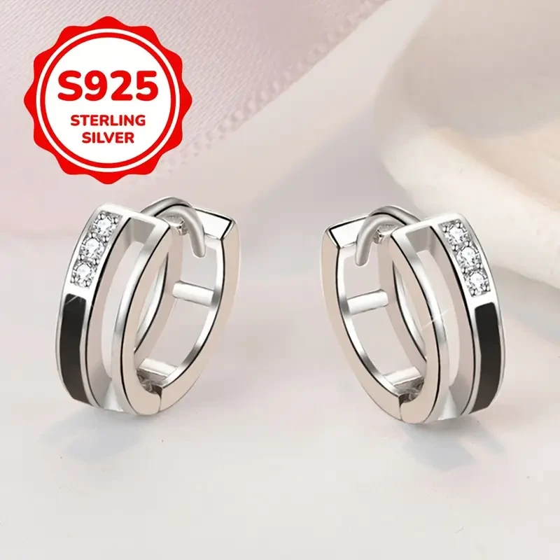 2pcs 925 Sterling Silver Double Layer Hoop Earrings with Black Edges & Sparkling Accents
