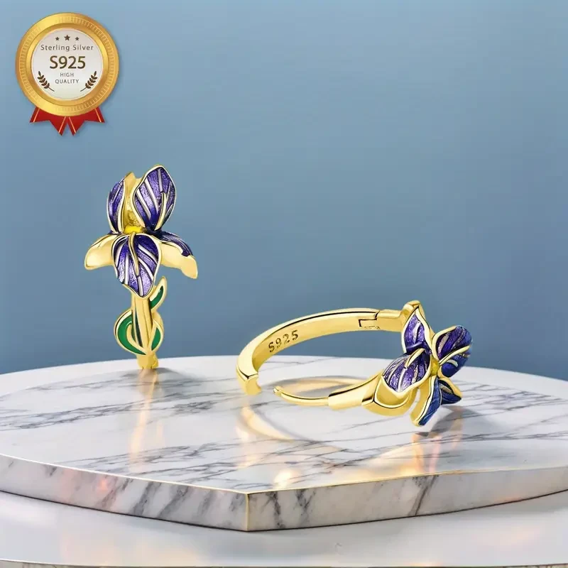 1 Pair S925 Sterling Silver 18K Golden Plated Allergy-Proof Hoop Iris Flower Earrings