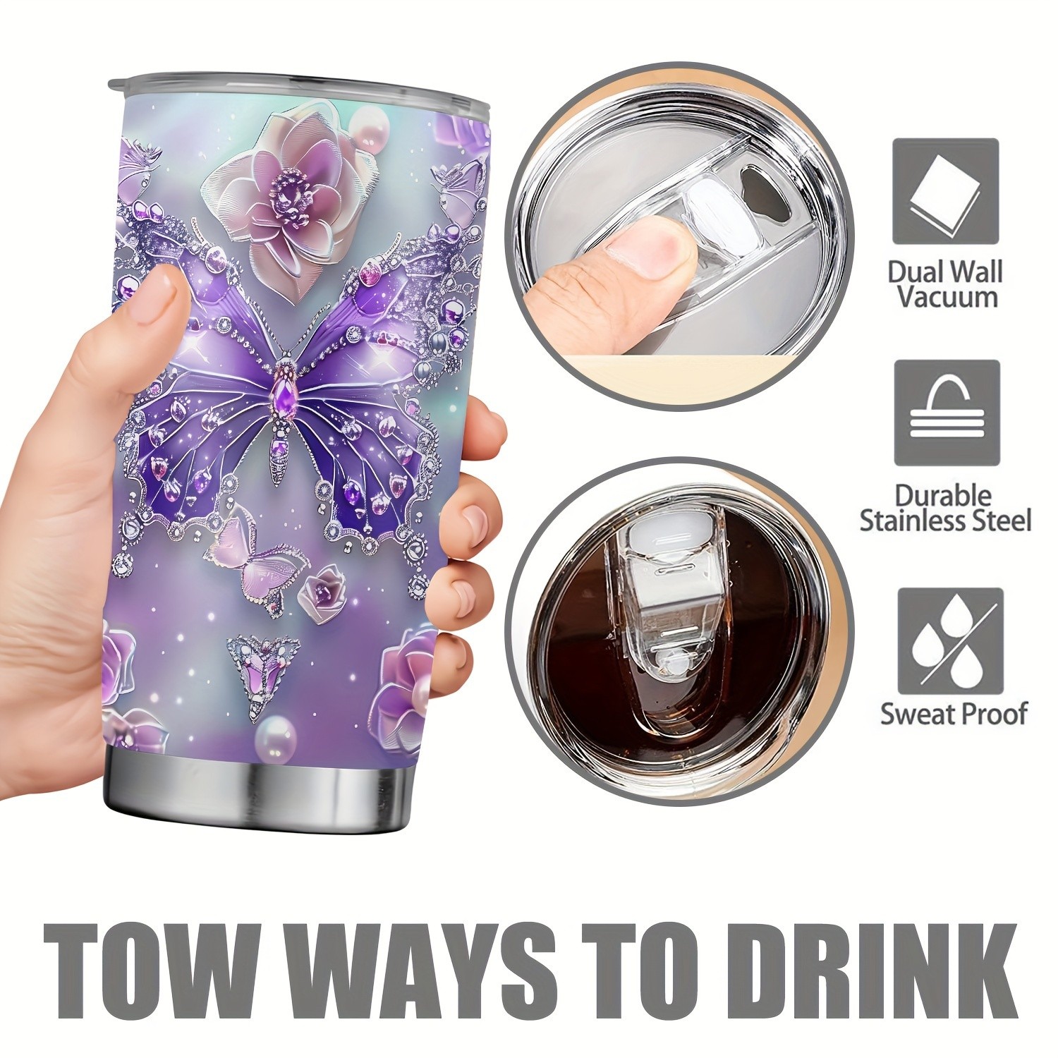 1pc 20oz Tumbler for Cafe Butterfly Funny Print Mug Tumbler, Travel Tumbler for Wedding and Birthday Gifts for Mom, Coworker, Eid Al-Adha Mubarak