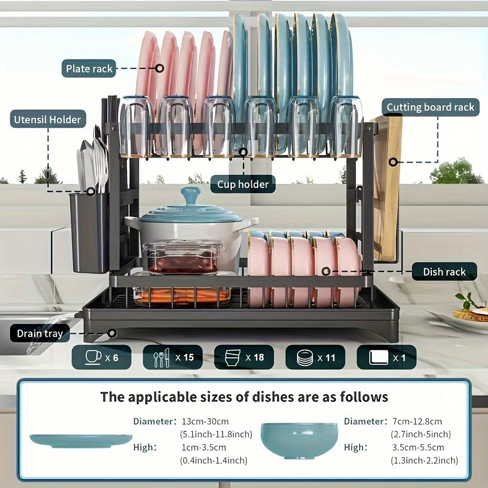 2-Tier Dish Rack with Utensil Holder  Rustproof Kitchen Dish Drying Rack with Drainboard for Kitchen Countertop