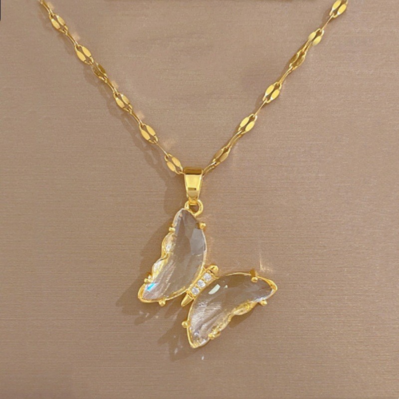 European And American Ins Crystal Zircon Butterfly Pendant Necklace