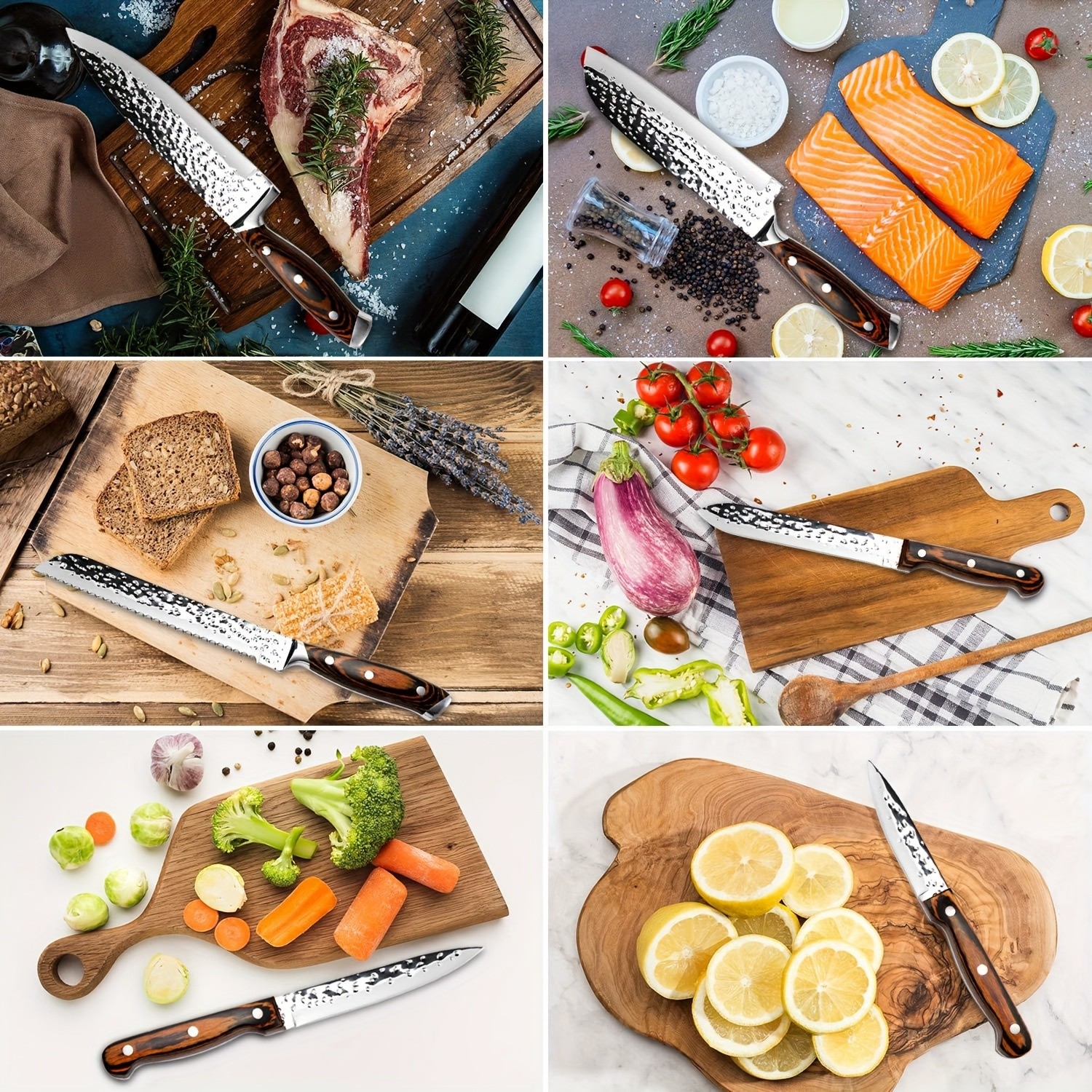 15-Piece Kitchen Knife Set with Wooden Block Self-Sharpening Chef Knife Set, High Carbon Japanese Stainless Steel, Hammered Collection, Includes Steak Knives, Boxed Knife Set