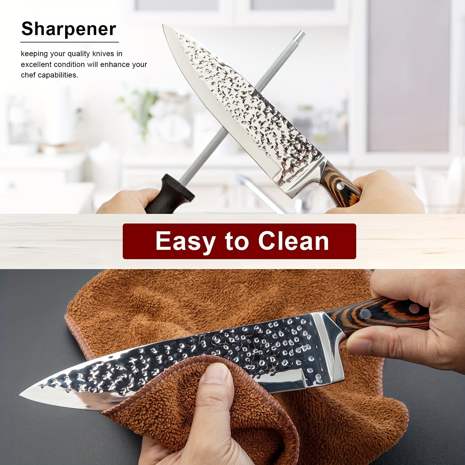 15-Piece Kitchen Knife Set with Wooden Block Self-Sharpening Chef Knife Set, High Carbon Japanese Stainless Steel, Hammered Collection, Includes Steak Knives, Boxed Knife Set