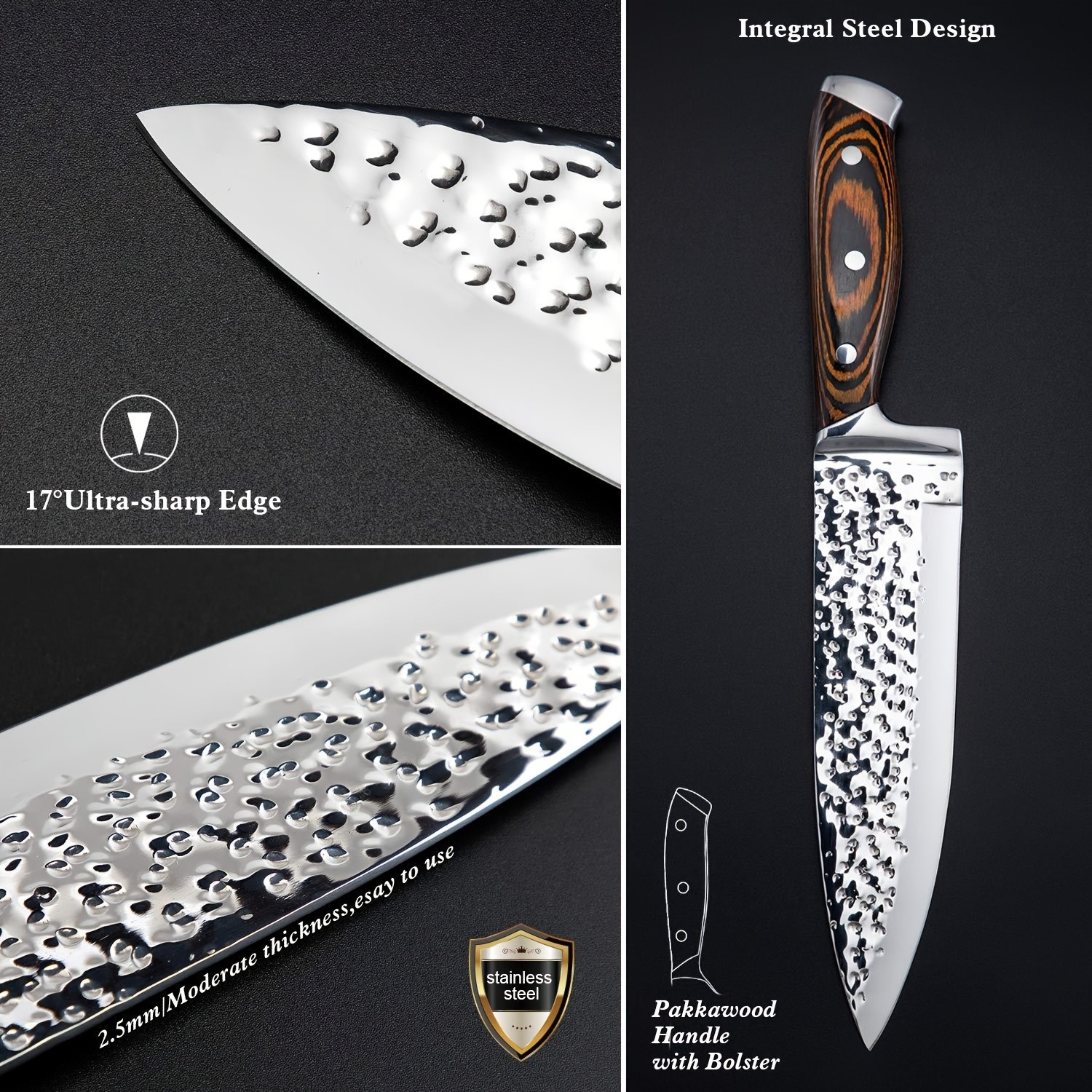 15-Piece Kitchen Knife Set with Wooden Block Self-Sharpening Chef Knife Set, High Carbon Japanese Stainless Steel, Hammered Collection, Includes Steak Knives, Boxed Knife Set