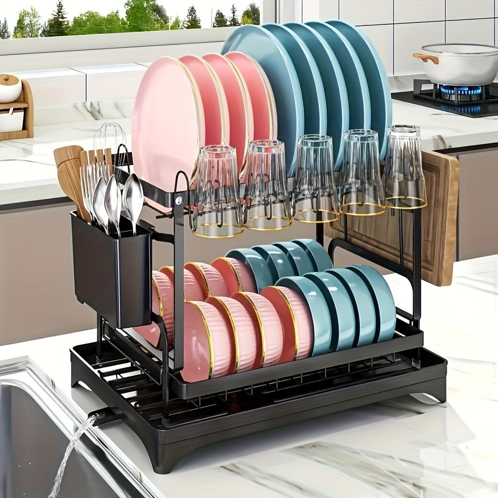 2-Tier Dish Rack with Utensil Holder Rustproof Kitchen Dish Drying Rack with Drainboard for Kitchen Countertop