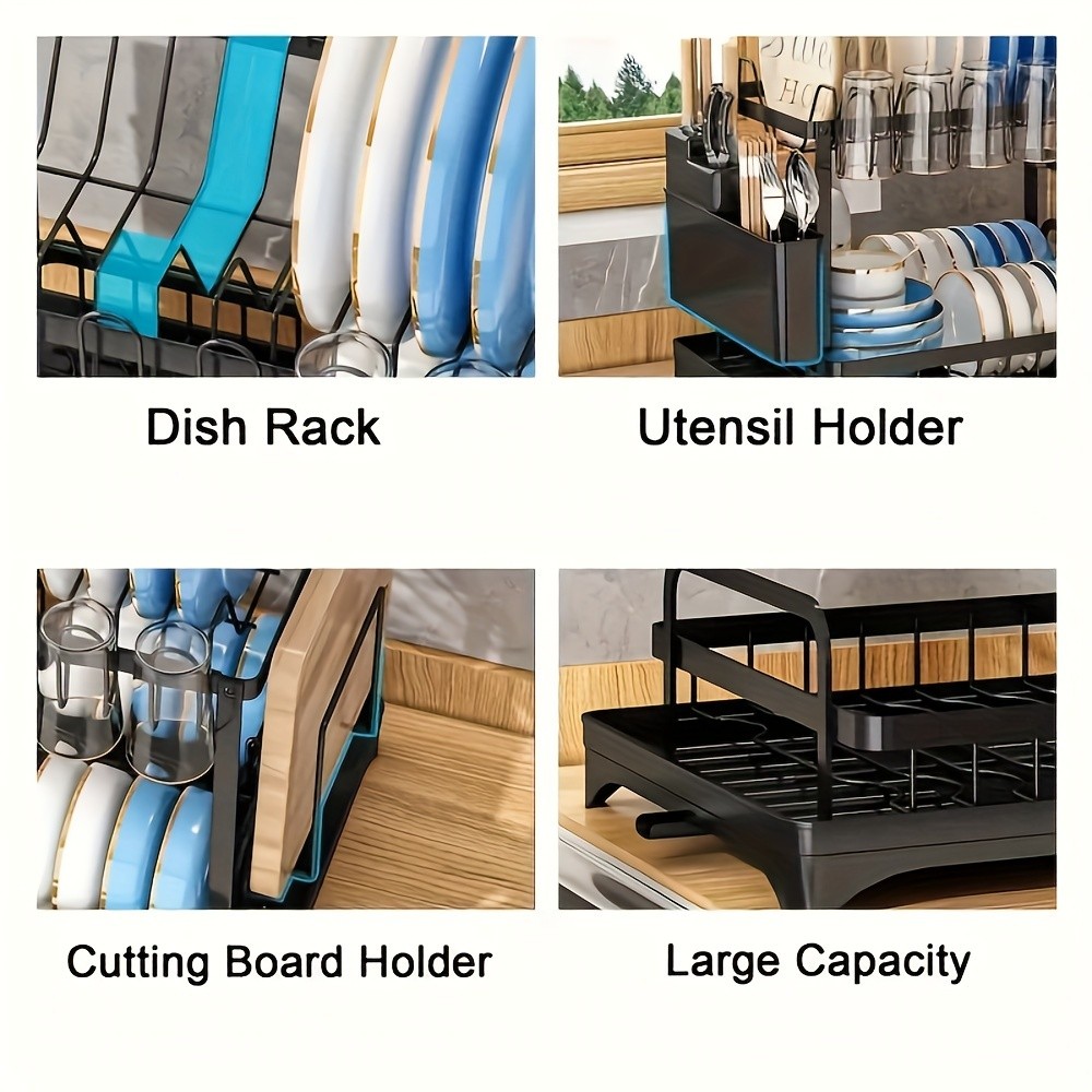 2-Tier Dish Rack with Utensil Holder Rustproof Kitchen Dish Drying Rack with Drainboard for Kitchen Countertop