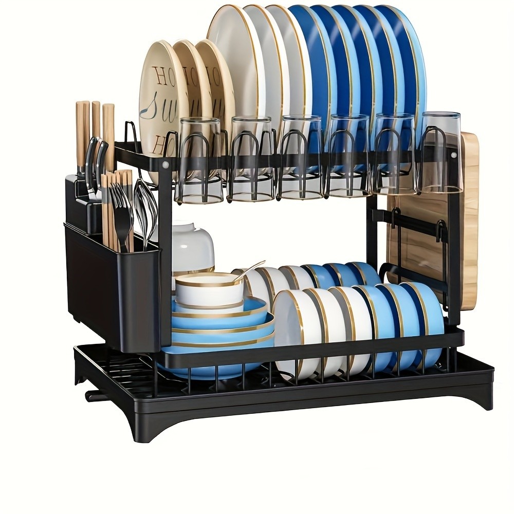2-Tier Dish Rack with Utensil Holder Rustproof Kitchen Dish Drying Rack with Drainboard for Kitchen Countertop