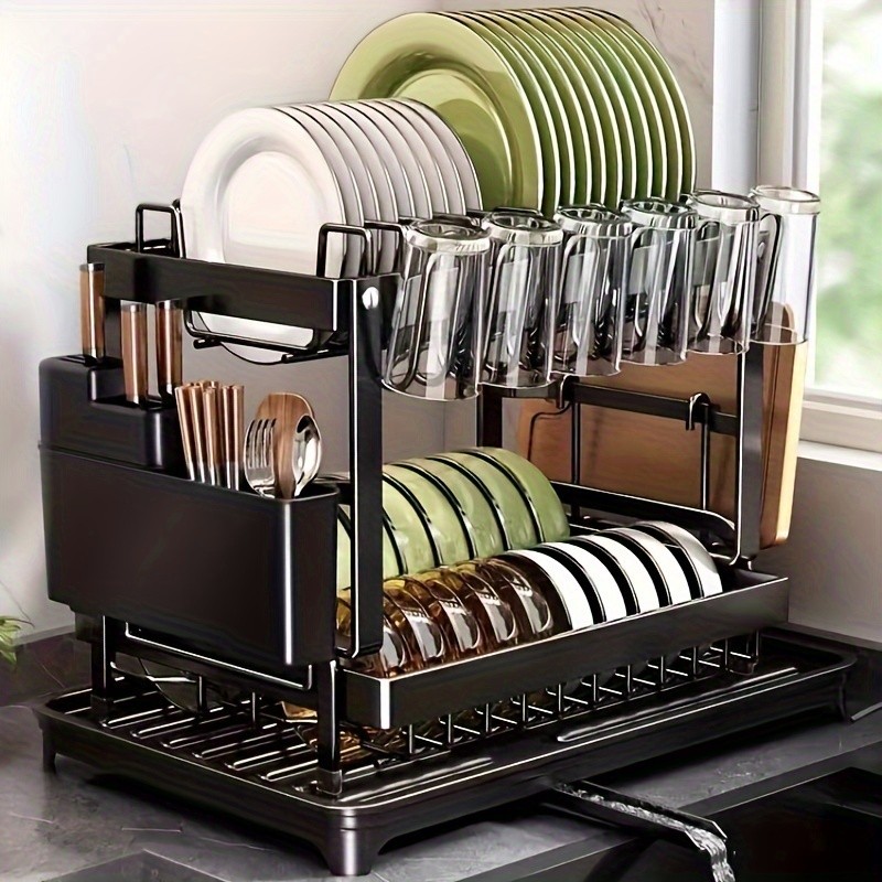 2-Tier Dish Rack with Utensil Holder Rustproof Kitchen Dish Drying Rack with Drainboard for Kitchen Countertop