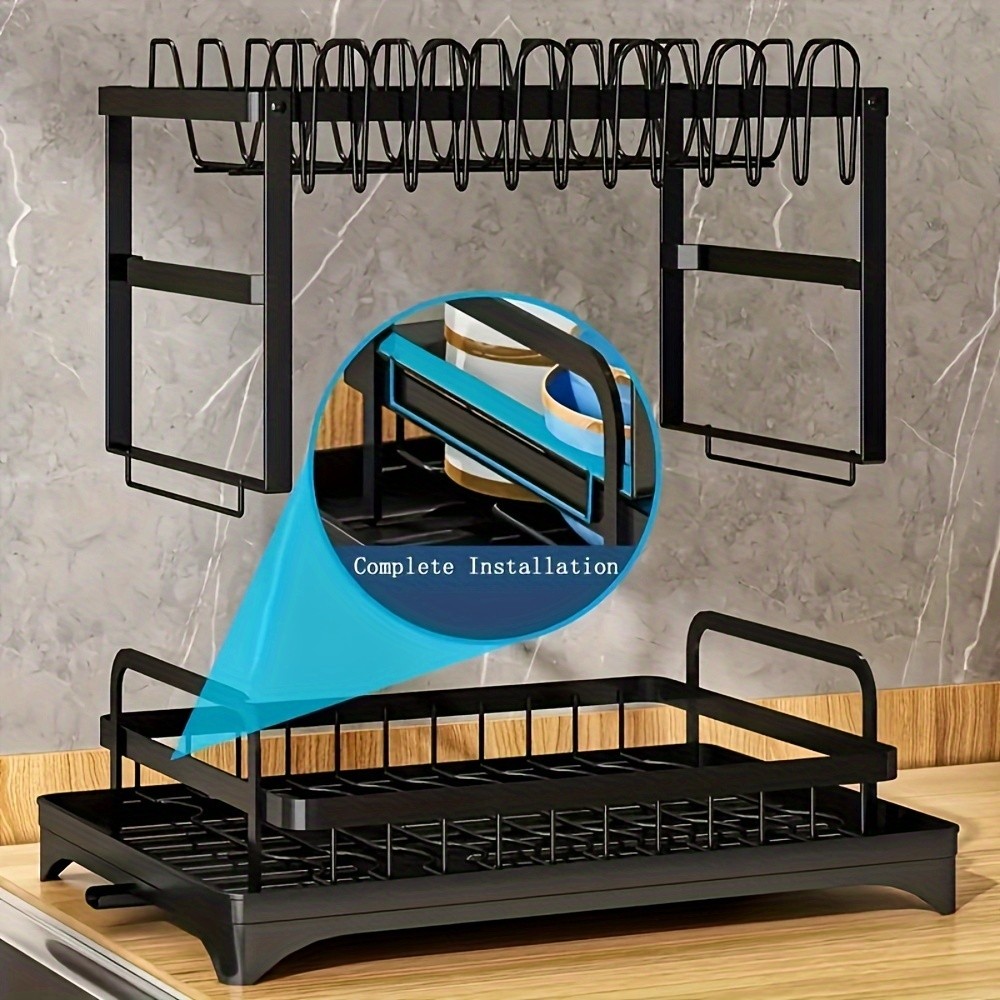 2-Tier Dish Rack with Utensil Holder Rustproof Kitchen Dish Drying Rack with Drainboard for Kitchen Countertop