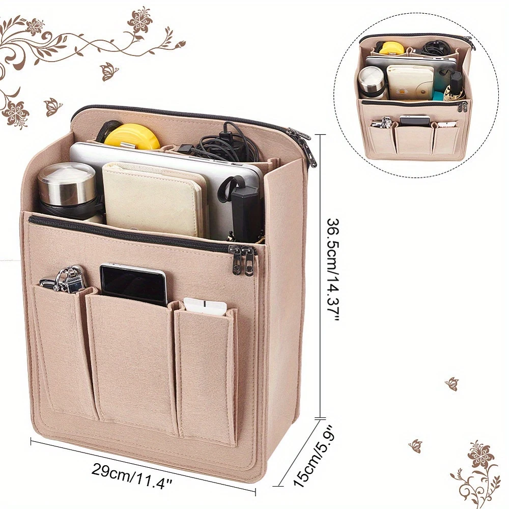 Beige Felt Backpack Organizer Insert with Multiple Pockets